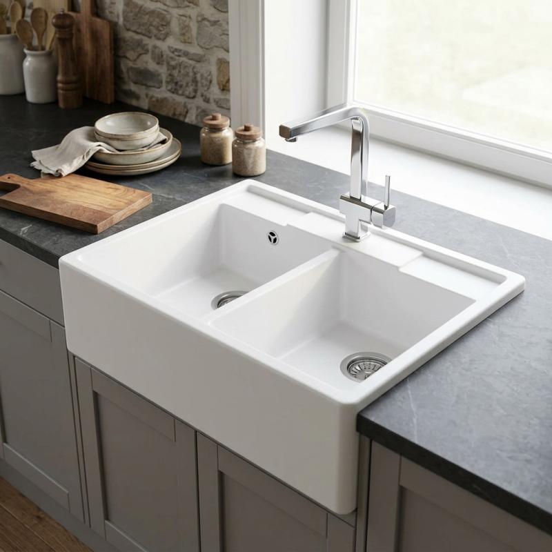 GraniteMy Farmhouse dubbele landelijke gootsteen granieten spoelbak 80x63 cm wit tussenbouw en onderbouw 1208957290